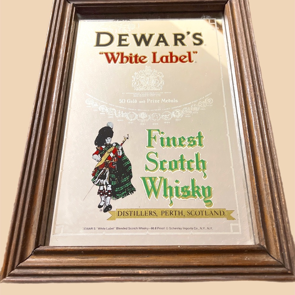 Vintage Scotch Whisky Dewars White Label Bagpiper Framed Mirror Sign 14"x10".